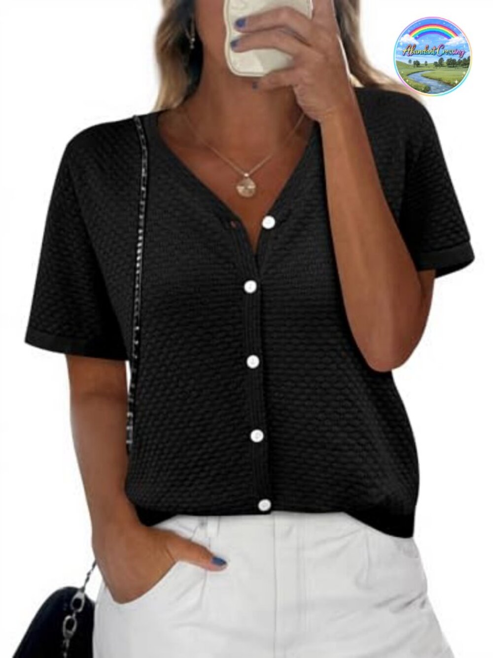 Women's Short Sleeve Crochet Knit Sweater Button Down V-Neck Cotton Blend